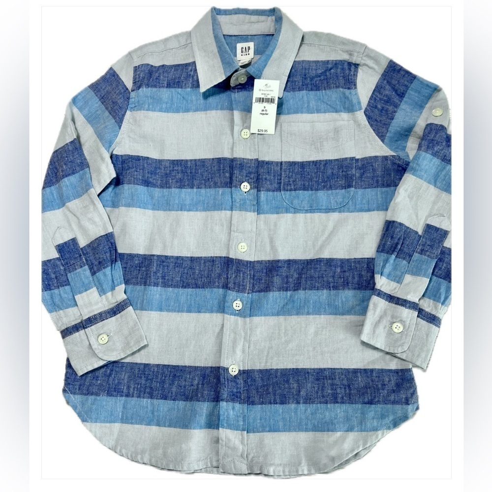 GAP KIDS Boy’s Long Sleeve NWT Button Down Shirt Poolside Blue Stripe Size Small